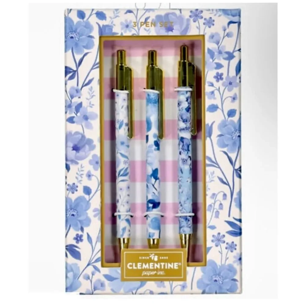 NWT Gorgeous Clementine set of 3 Floral Blue & Gold Pens with Black Ink Gift Set